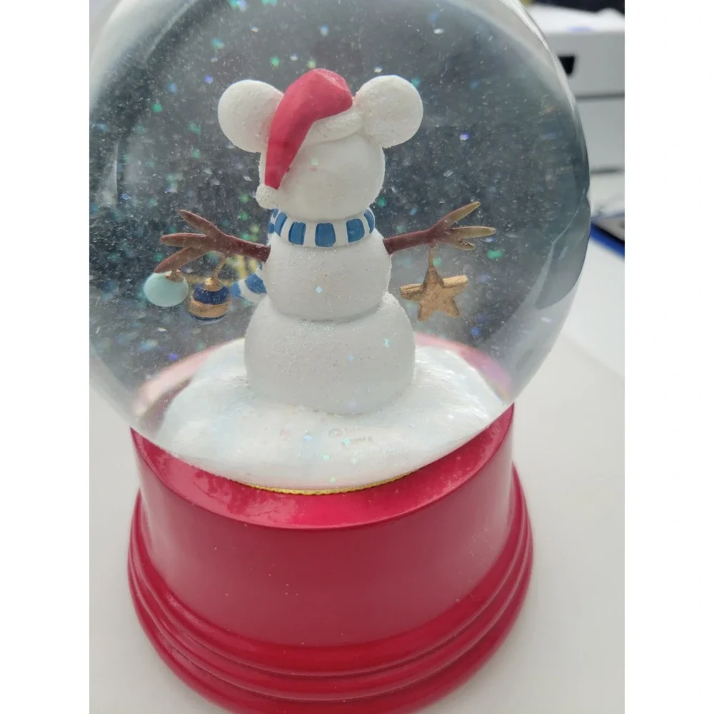 Disney Store Mickey Mouse Snowman Snow Globe Christmas Holiday Red Base New